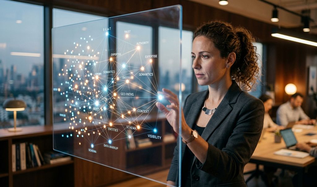 מומחית שיווק בוחנת גרף ישויות ונתונים מובנים במסגרת אופטימיזציה למנועי בינה מלאכותית (GEO) עבור אתר דיגיטלר (Digitaler)